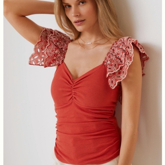 Anthropologie Ruffle Sleeve Eyelet Top New - Picture 1 of 11